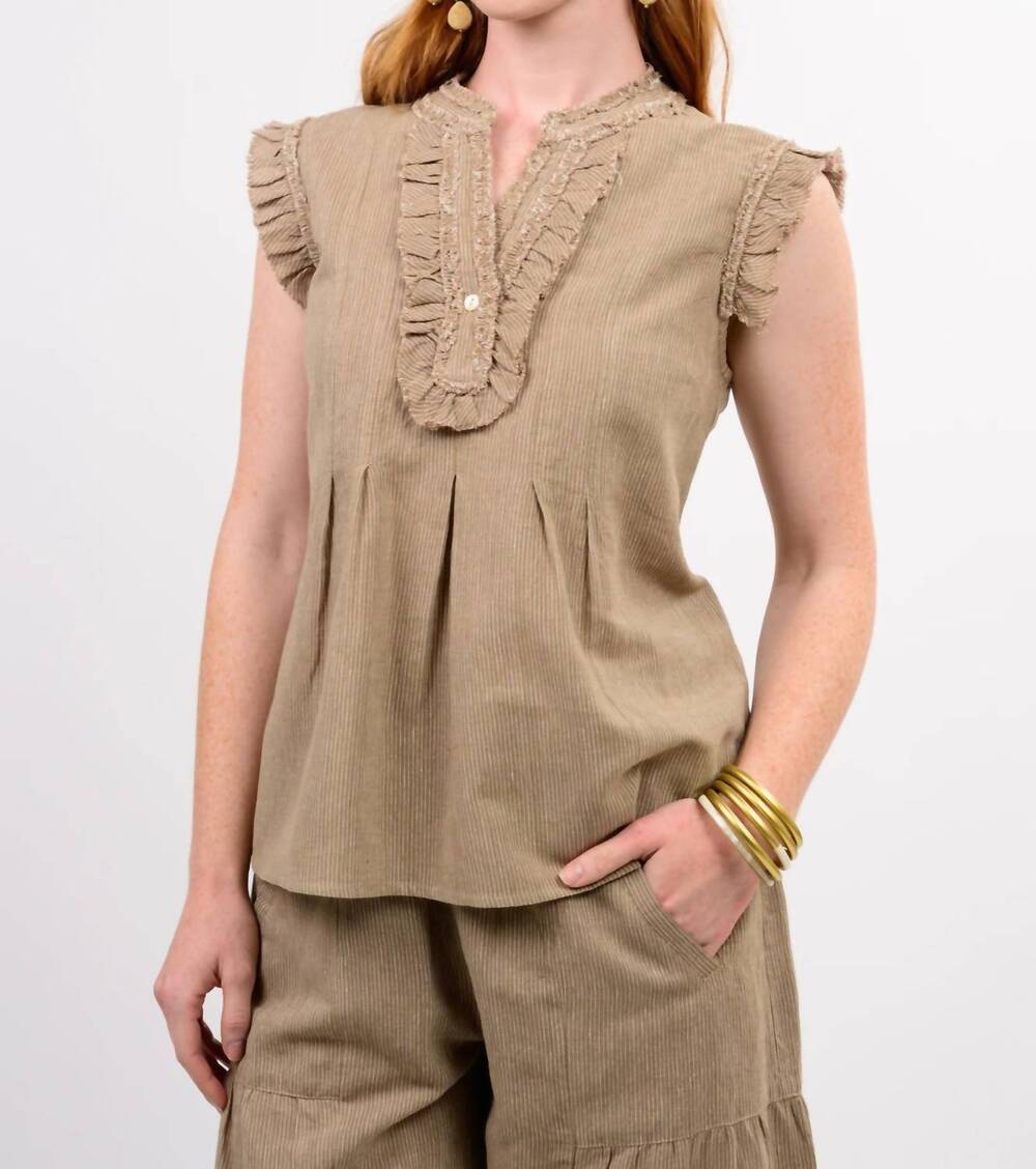 NEW IVY JANE striped ruffle top in khaki